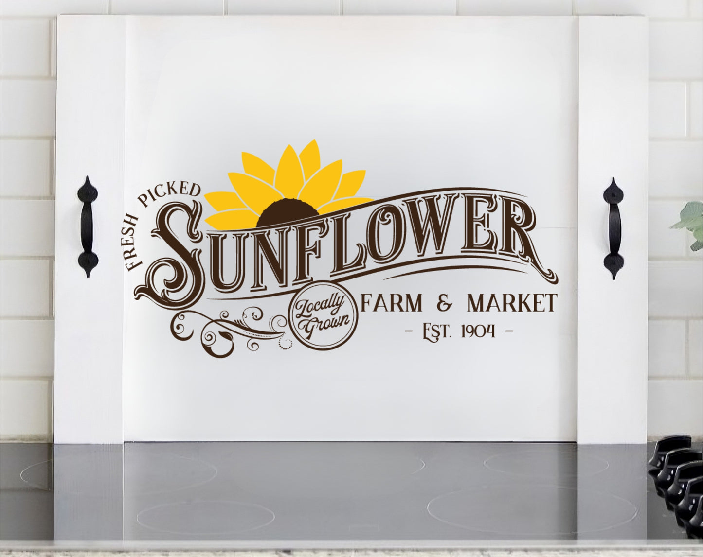 Sunflower wooden stove cover with vintage farm market design for rustic country farmhouse kitchen decor