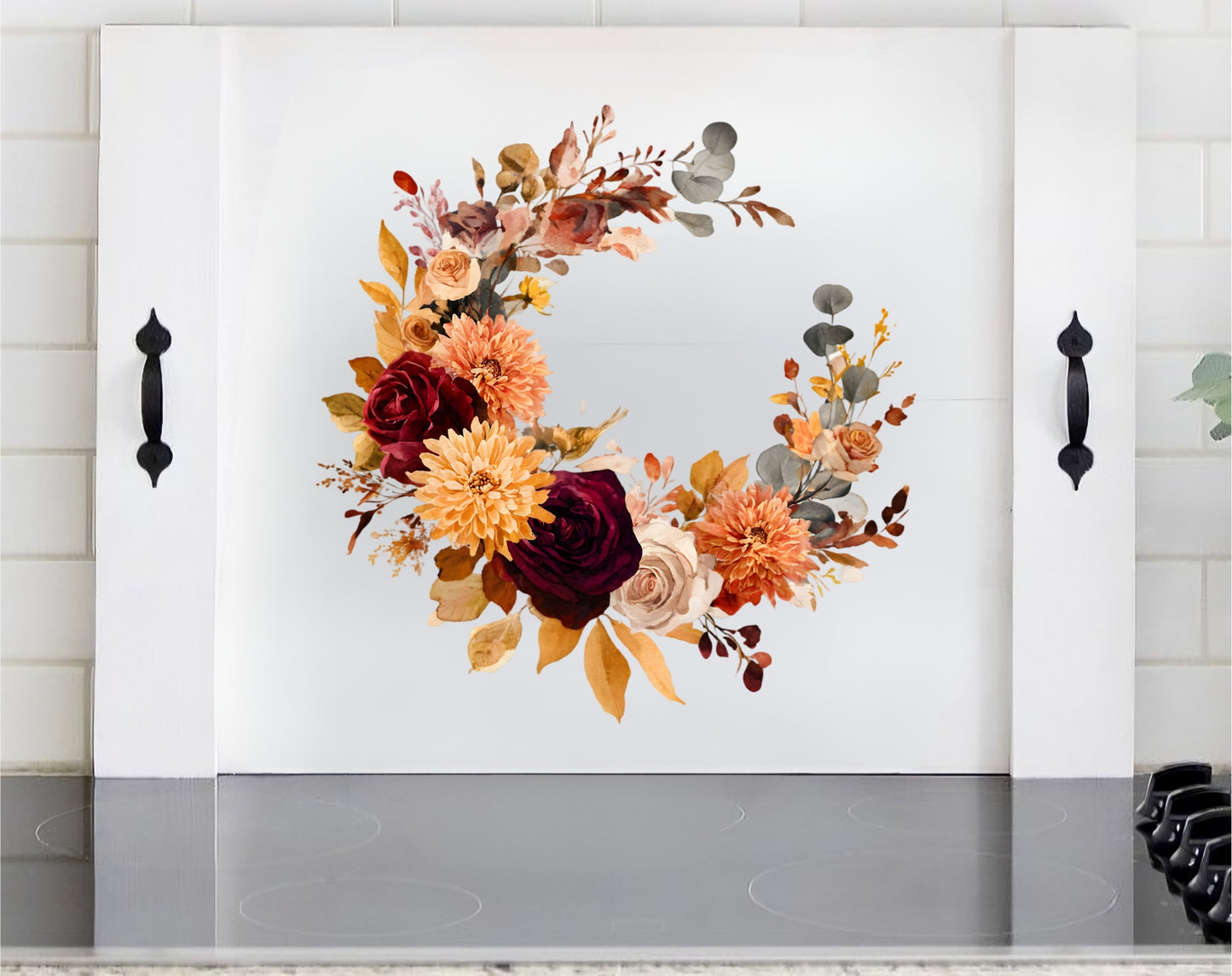 Fall Floral Wreath Stove Cover | Wooden Noodle Board | Autumn Kitchen Decor