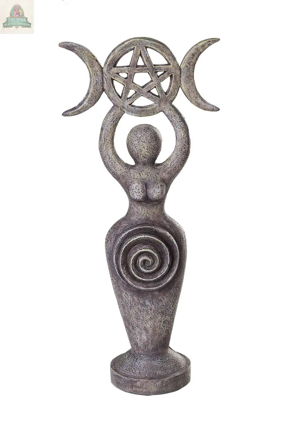 The Spiral Goddess statue features a woman with a spiral on her torso, holding a pentacle and crescent moons above her head, representing the Triple Goddess in pagan and Wiccan traditions.