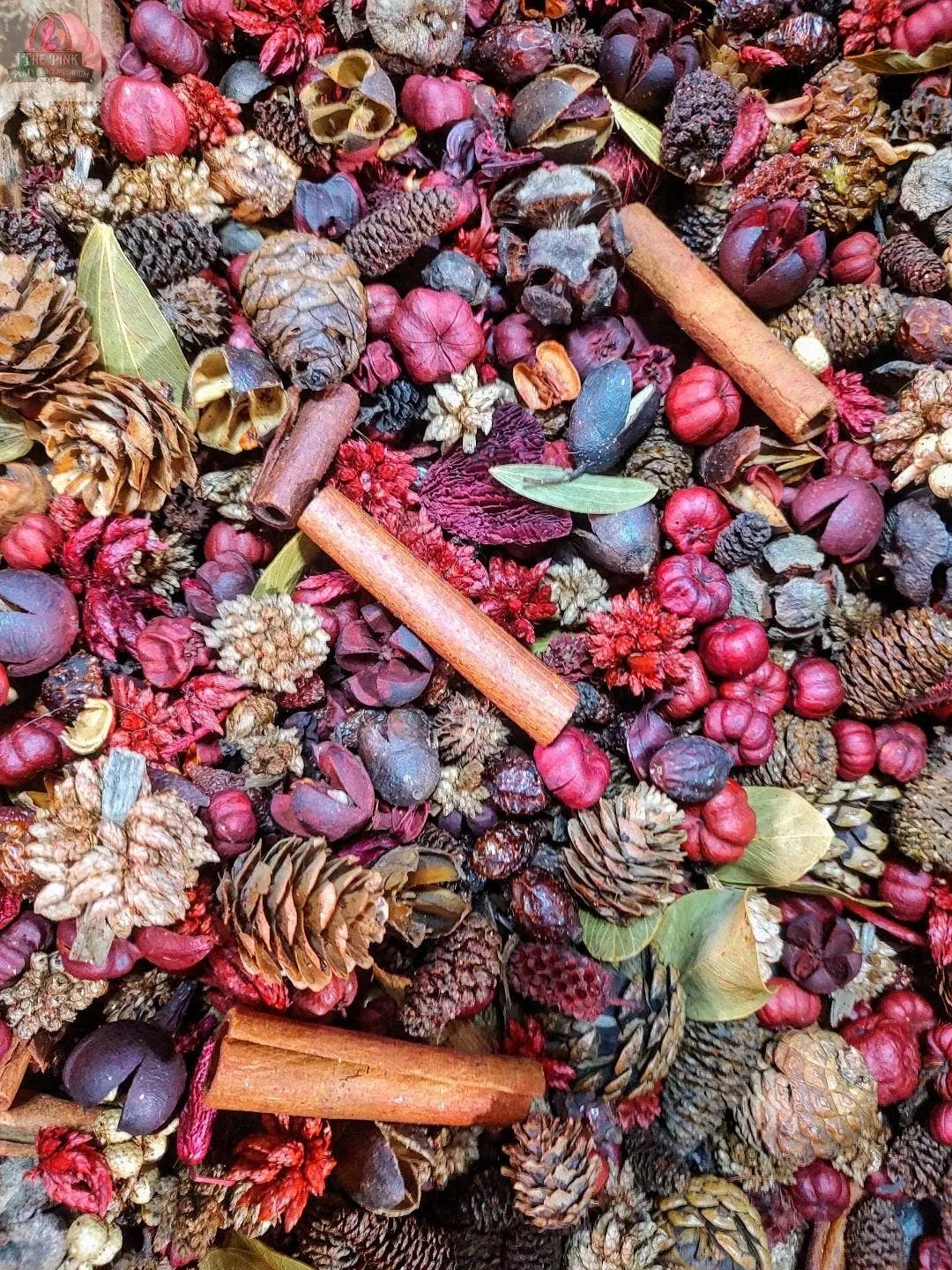 1973" (A True Cinnamon Scent) Handcrafted Potpourri is a vibrant blend of pinecones, cinnamon sticks, red berries, seed pods, and leaves for a richly textured and highly fragrant display.