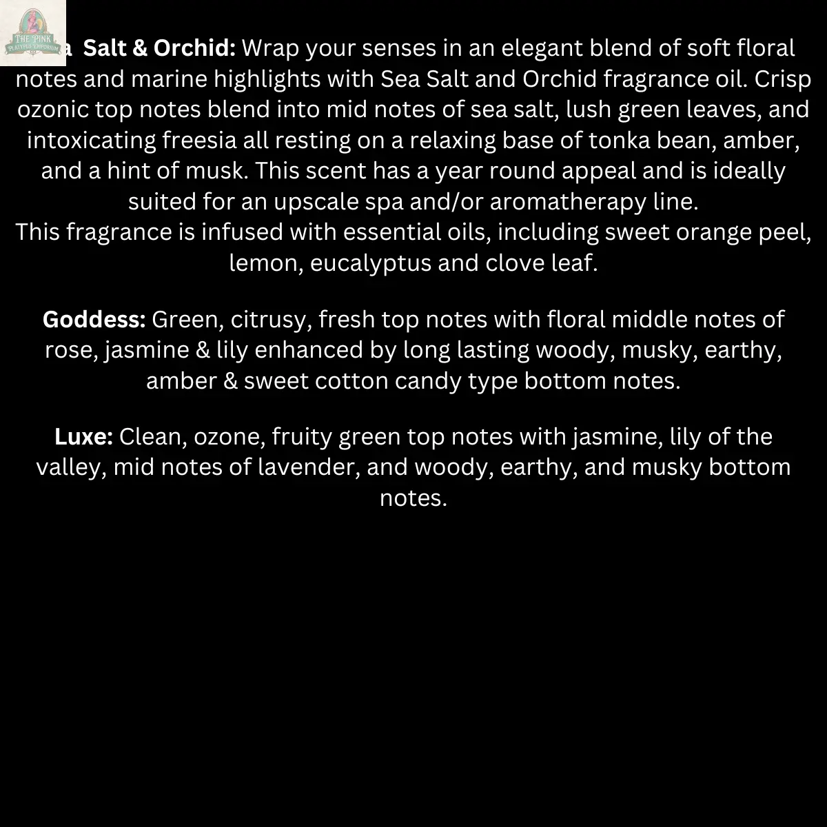 A black background with white text showcases Pink Platypus Emporium’s Diffuser Oils—Mahogany Teakwood scent note—with a small floral logo top left. Features 2 oz long-lasting fragrance options.