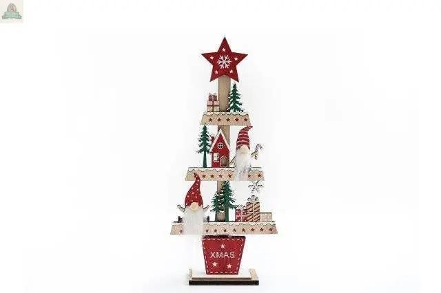 The 29.5cm Wooden Gonk Tree Standing Christmas Decoration features a red star topper, mini presents, trees, a house, gnomes, and candy canes on its shelves, set in a red “XMAS” pot—a charming festive accent.