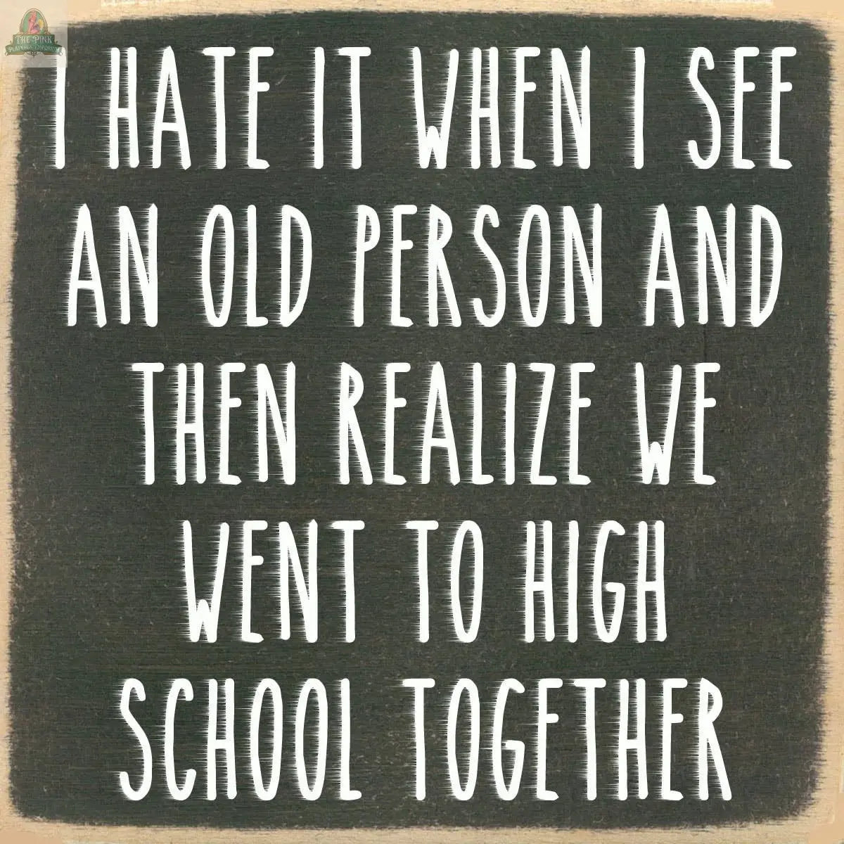 Text on a chalkboard background reads: "I hate it when I see an old person and then realize we went to high school together." The Pink Platypus Emporium 4X4-I Hate It wooden block sign adds humor to your decorative signs collection.