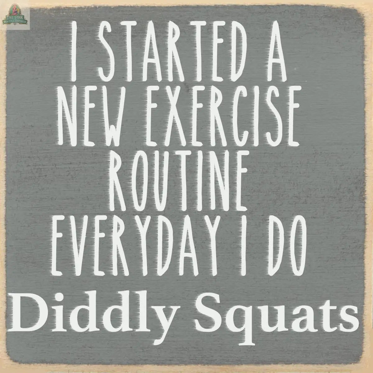 Text on a gray background reads: I started a new exercise routine. Every day I do diddly squats. The playful, bold font gives the 4X4-Diidly Squats block by Pink Platypus Emporium a fun touch for any space in need of humor.