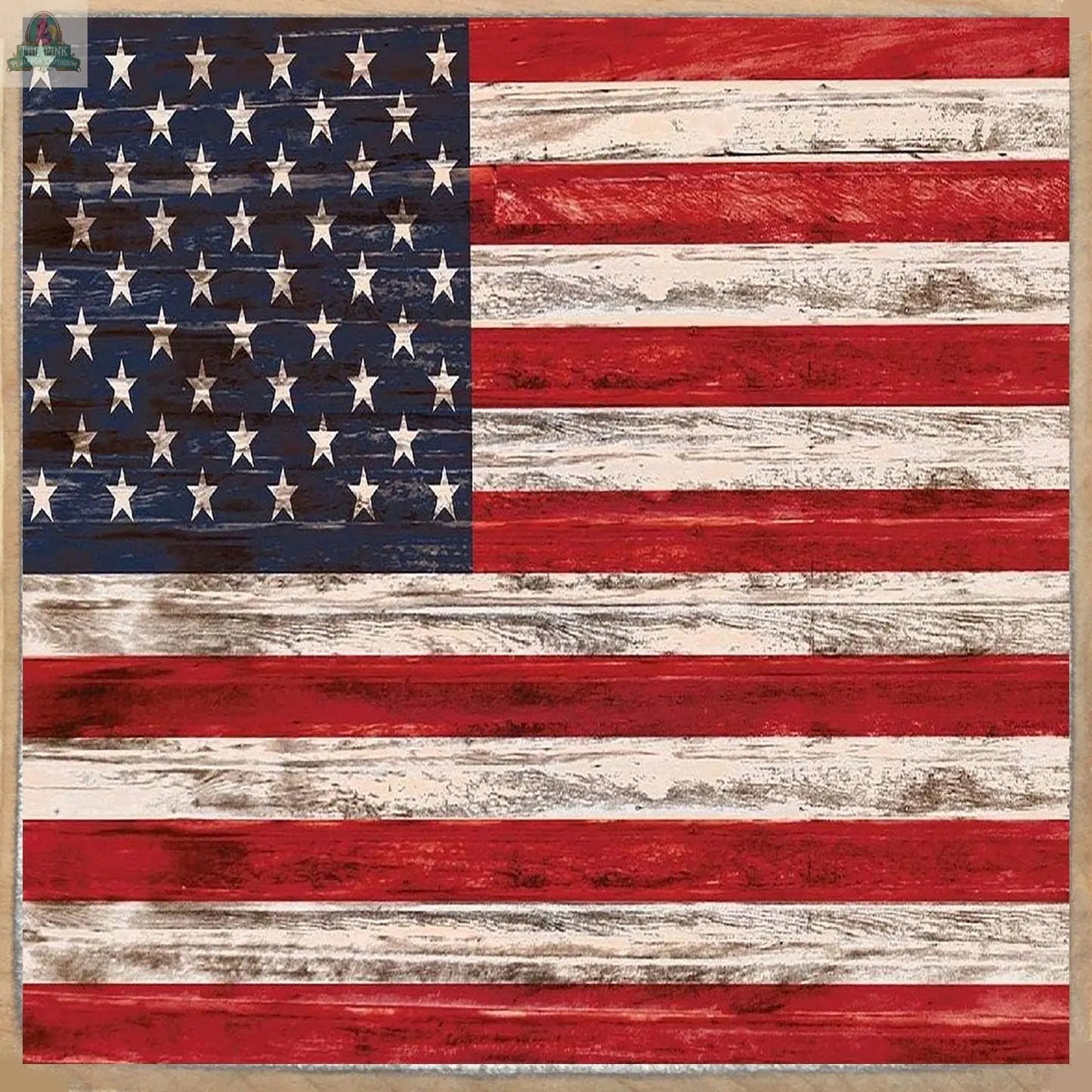 The Pink Platypus Emporium American Flag Wood Sign features rustic red and white stripes with a blue field of white stars—ideal patriotic decor for any space.