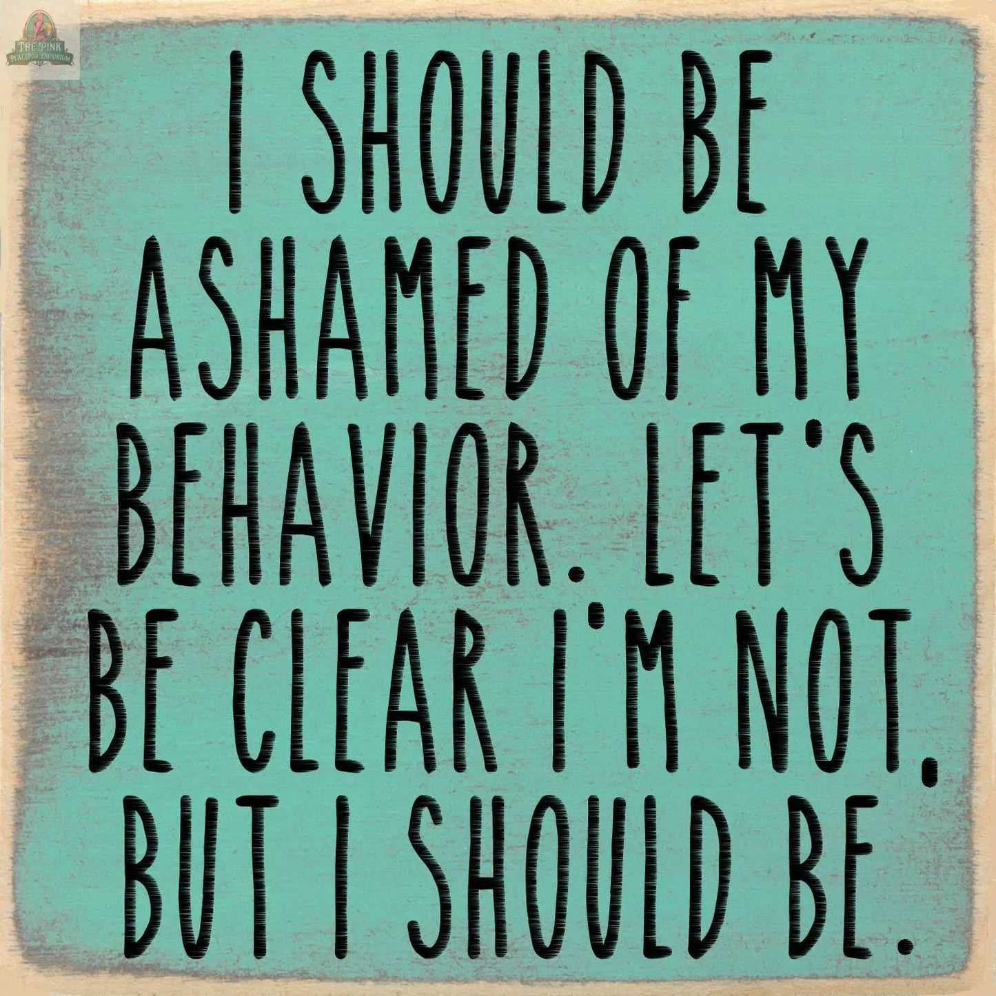 Text on a teal background reads: I should be ashamed of my behavior. Let’s be clear—I’m not. But I should be. The 5X5- I Should Be wooden block sign by Pink Platypus Emporium adds humor to any home decor.