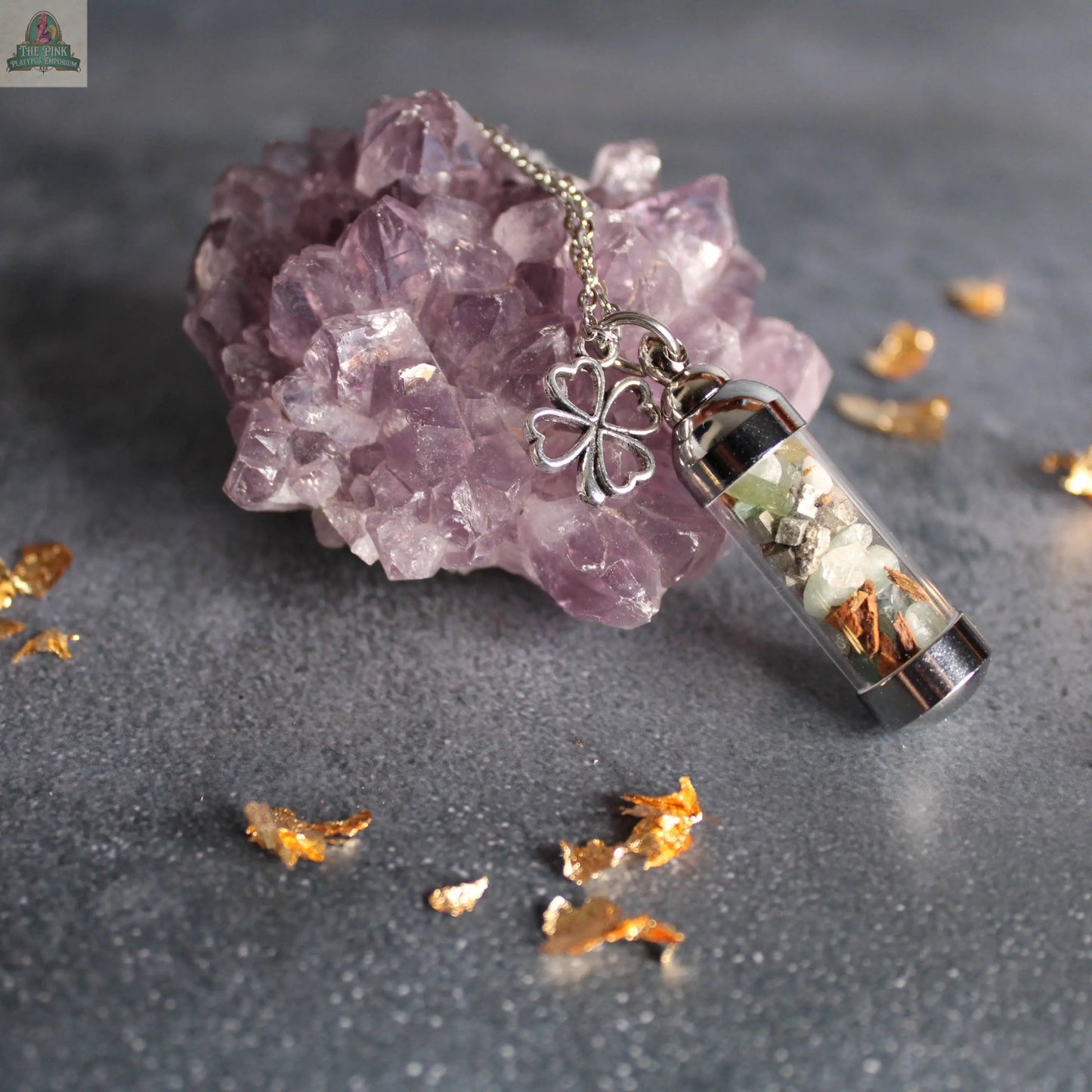 Abundance Spell Jar Amulet Necklace, Witchy Crystal Jewelry Moondust and Raven