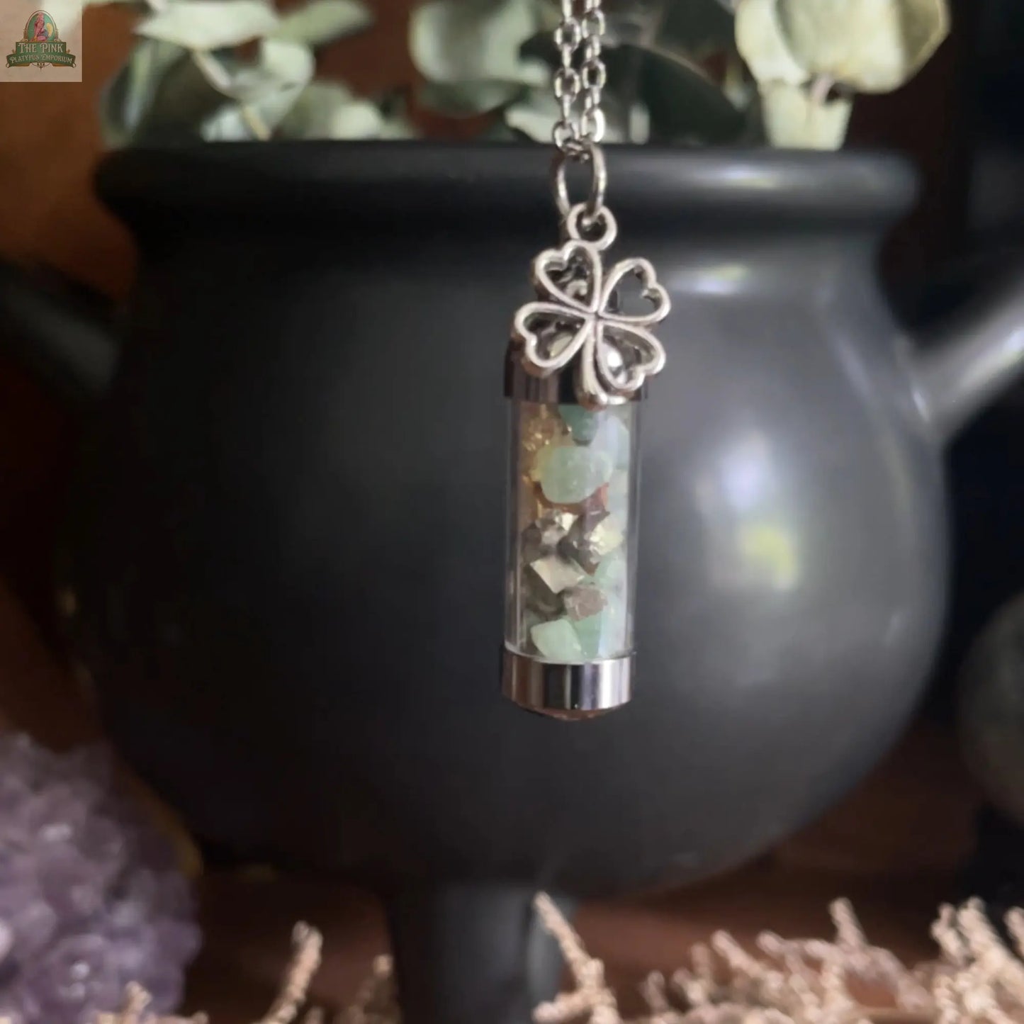 Abundance Spell Jar Amulet Necklace, Witchy Crystal Jewelry Moondust and Raven