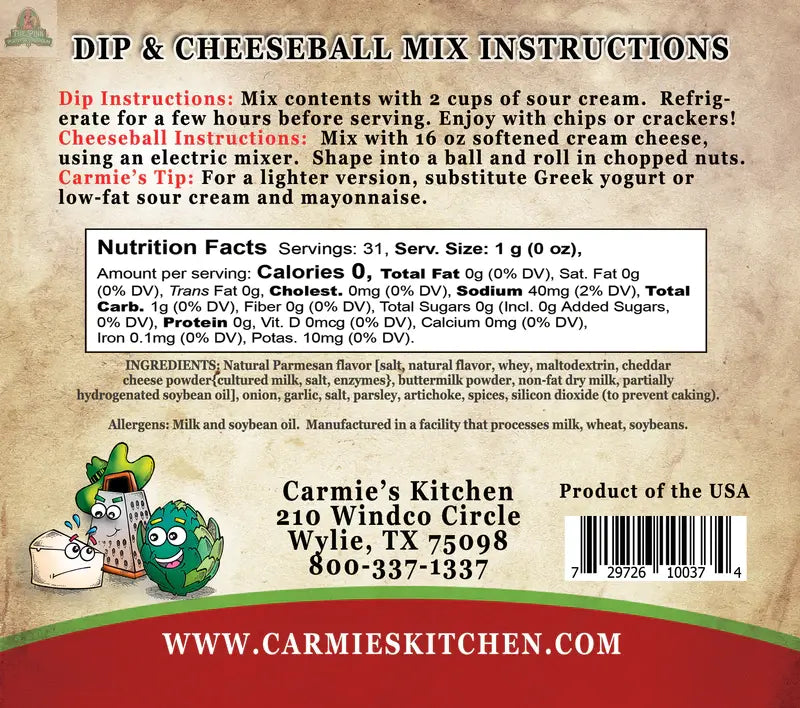 Back label for Carmie's Kitchen Artichoke Parmesan Dip Mix features instructions, nutrition facts, ingredients, company contact info, barcode, and a cartoon vegetable on the left. Tan background with red and black text.
