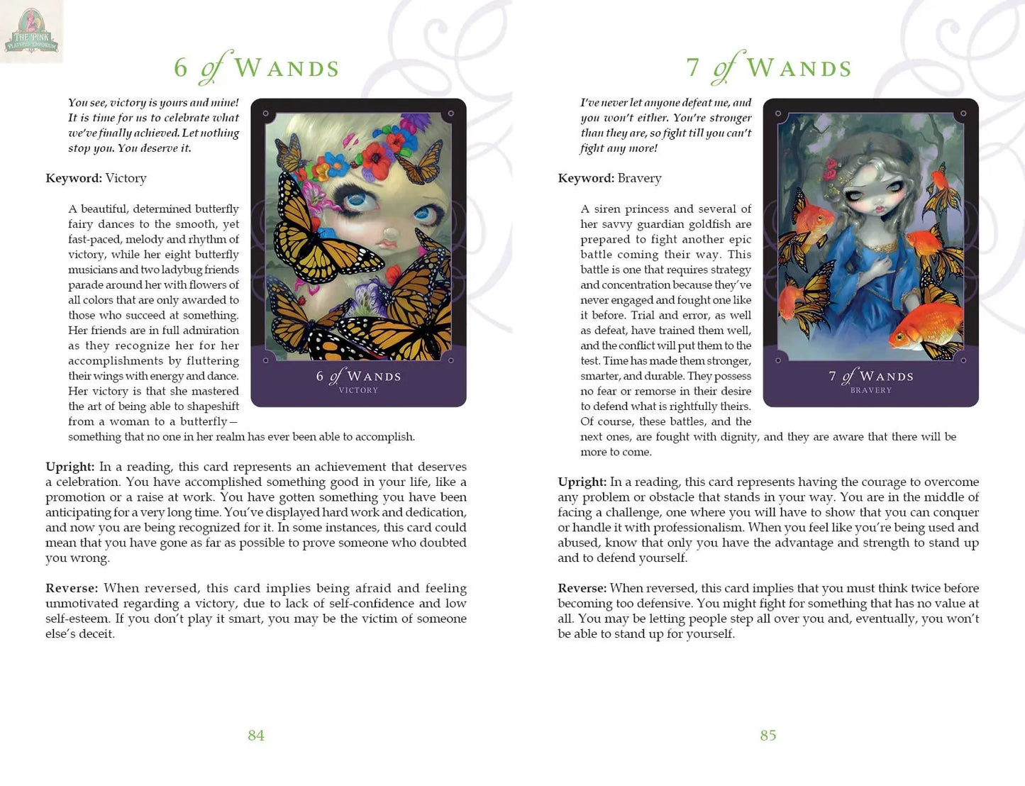 Two pages from the Beautiful Creatures Tarot, 2nd Edition by Pink Platypus Emporium feature gilded 6 of Wands with a girl and butterflies, and 7 of Wands with a girl and orange fish, plus text on card meanings and positive energy.