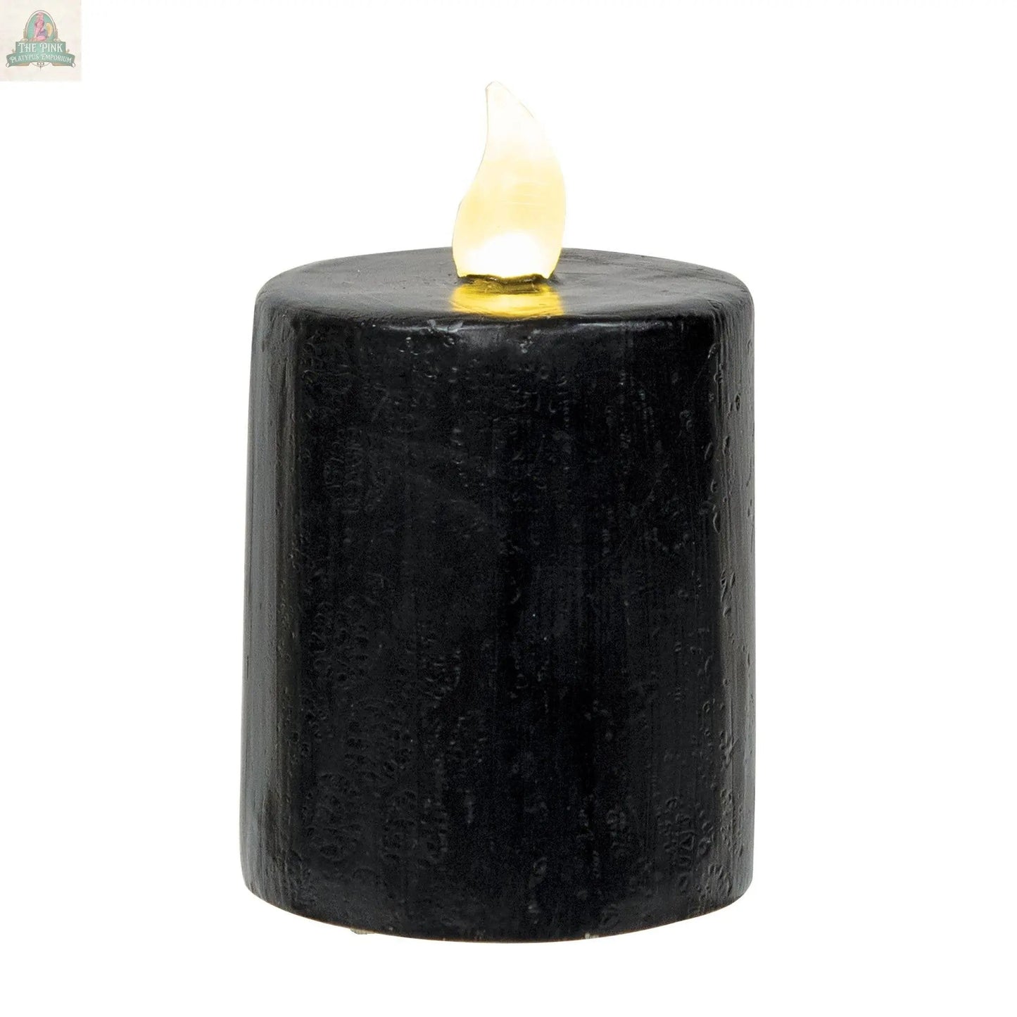 The Black Gloss Pillar Candle, 2.5" x 4", features a small yellow flame and a sleek design against a white background—an eye-catching accent for modern home decor.