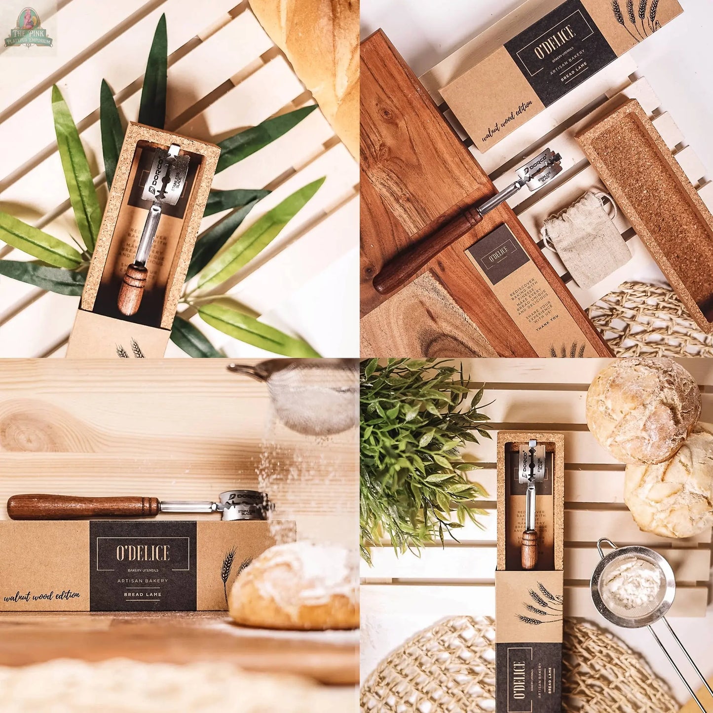A collage of four images showcases the Pink Platypus Emporium Walnut Wood Bread Lame Handcrafted With Storage & Blades, beautifully presented with bread, boards, and greenery in rustic, natural surroundings.