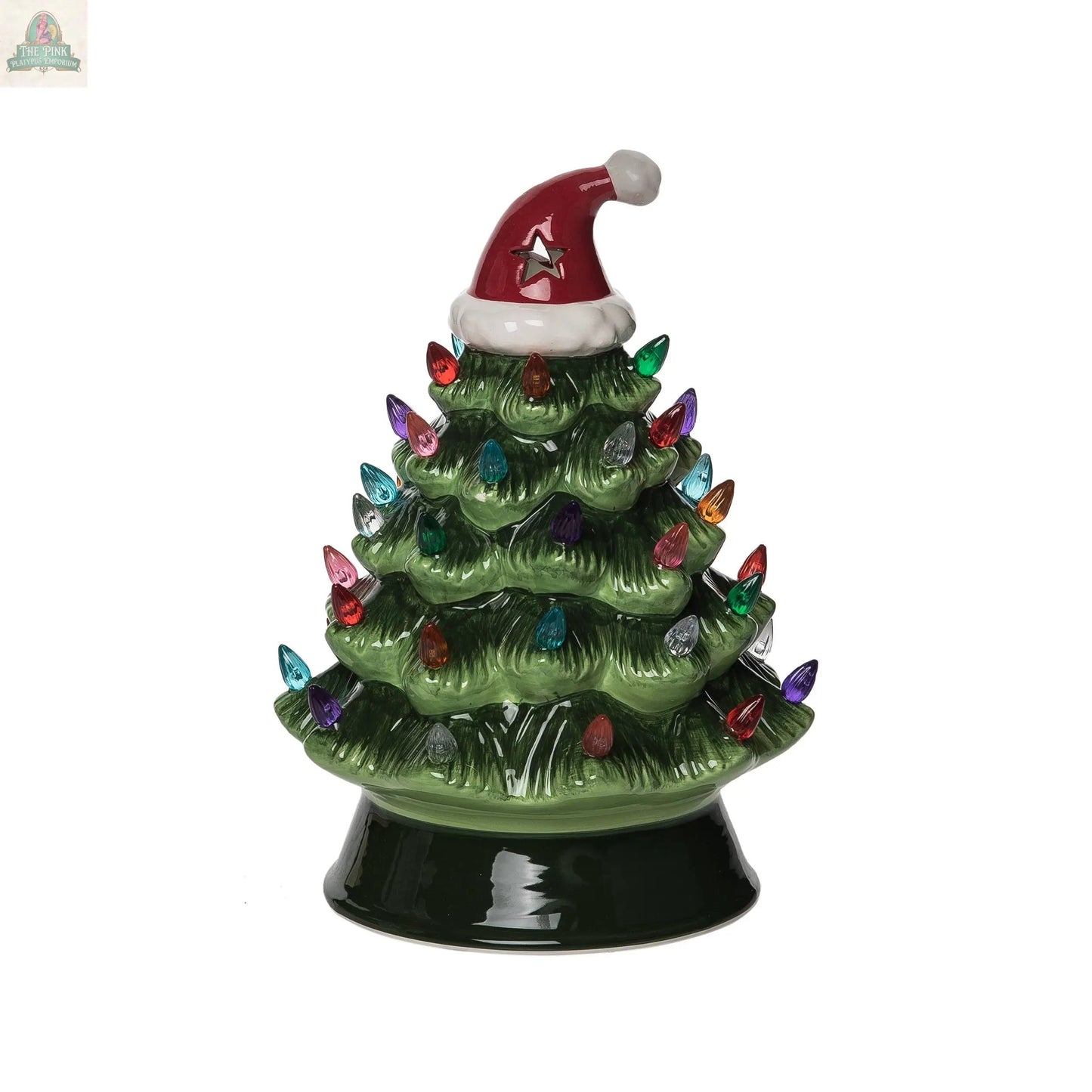 The 10.5 in. Christmas Retro Tree Santa Hat Decor features a ceramic tree with colorful lights, a red Santa hat topper, and a dark green base—a charming addition to your holiday décor.