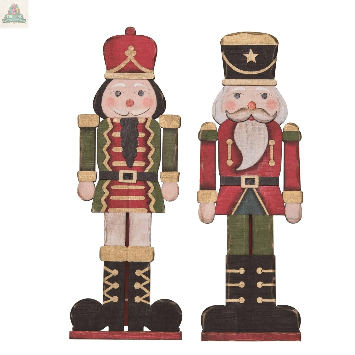 The Transpac Christmas Large Plywood Nutcracker Decor Set 2: Wood features two festive nutcrackers in red, green, and gold uniforms—one with long black hair, the other a white beard—perfect for holiday home decoration.