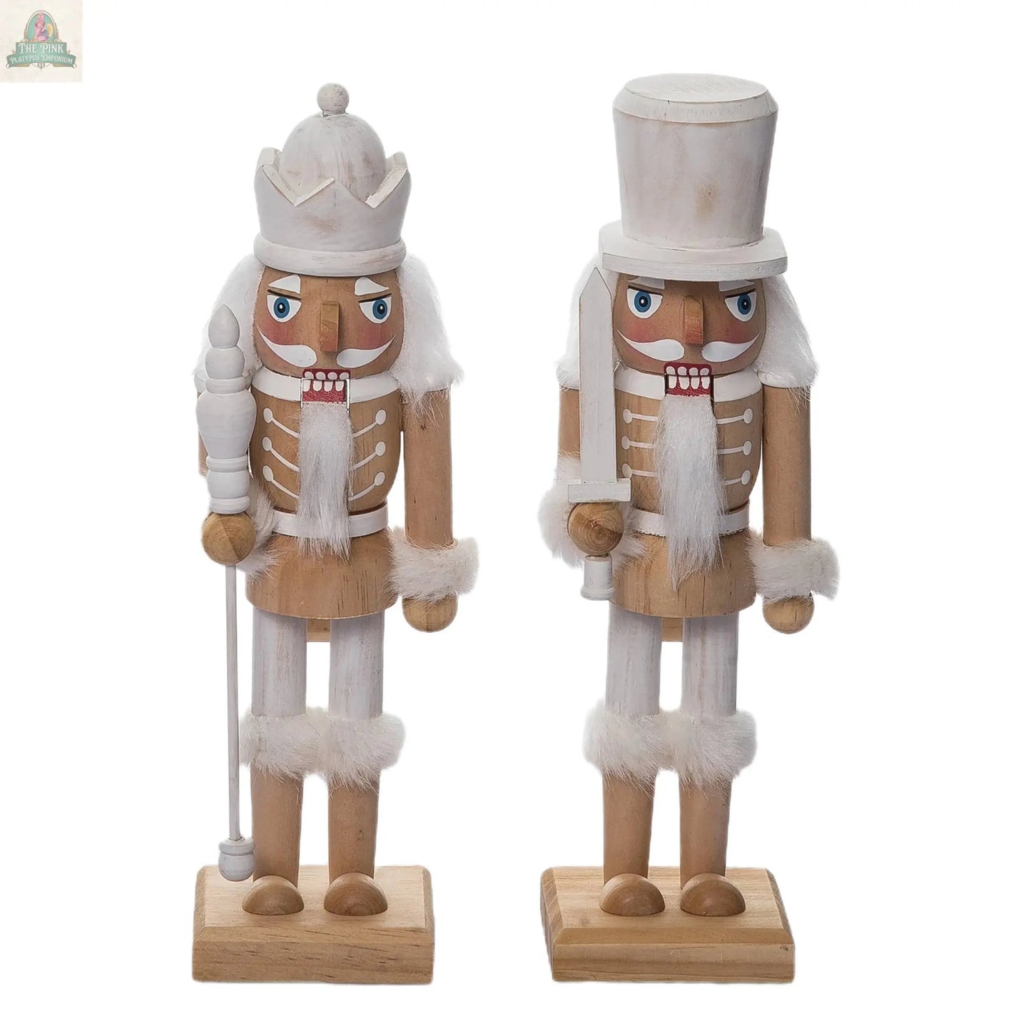 The Transpac Christmas Medium Wood White Rustic Nutcracker Set of 2 features wooden nutcrackers in white and beige with faux fur trim—one with a staff and crown, the other with a tall hat—ideal for rustic holiday decor or gifting.