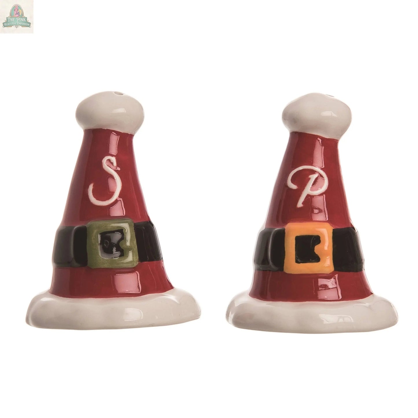 The CLOSEOUT Christmas Santa Hat Salt Pepper Shaker Set (2, Ceramic) features festive hats with black belts, gold buckles, and bold “S” and “P” letters, making it a charming holiday decoration.