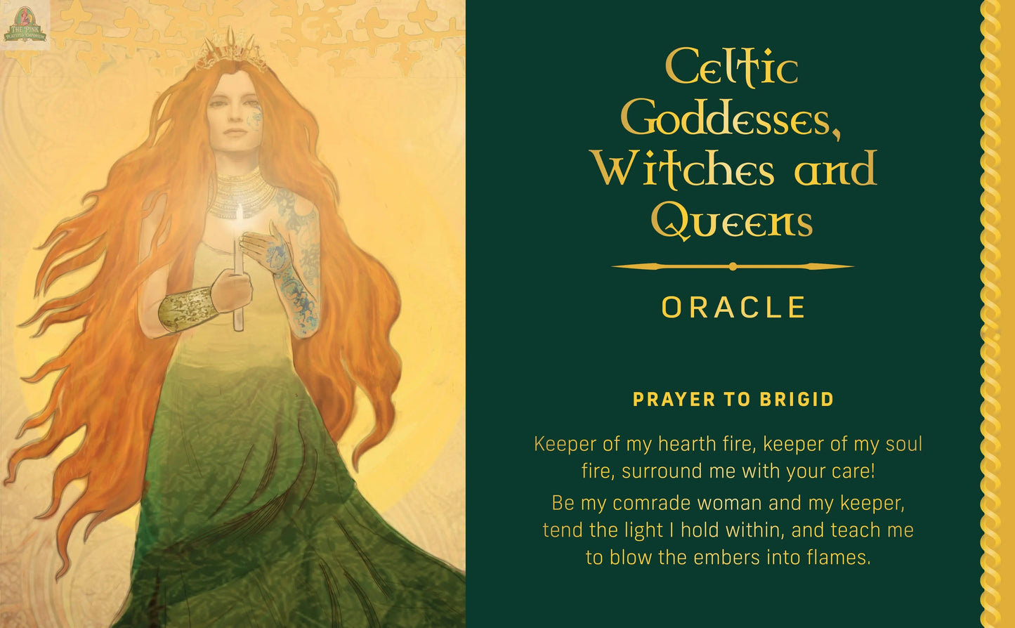 A mystical illustration of Brigid, Celtic goddess with flowing red hair and glowing chest, appears beside text about the “Celtic Goddesses, Witches, and Queens Oracle” by REDFeather and a prayer to Brigid.