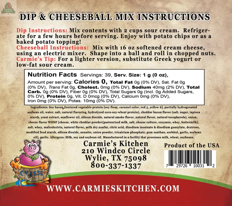 Back of Carmies Kitchen Cheddar Bacon Dip Mix package with instructions, nutrition facts, ingredients, and company info. Includes a cartoon chef logo and red website banner—a great choice for your next party appetizer!.