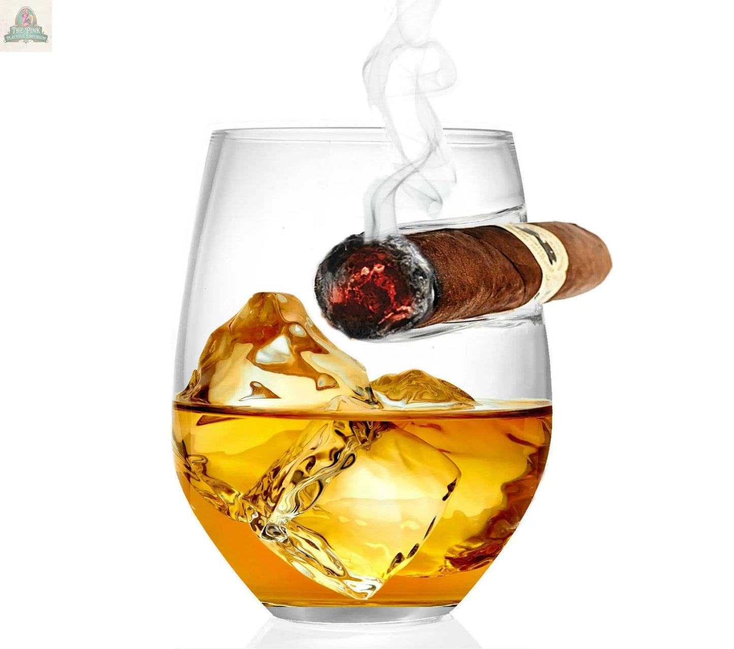 The Pink Platypus Emporium Cigar Whiskey Glass 2 Pack features twist & rounded glasses, each with a built-in cigar holder—perfect for enjoying whiskey and a lit cigar in style, captured against a clean white background for added sophistication.
