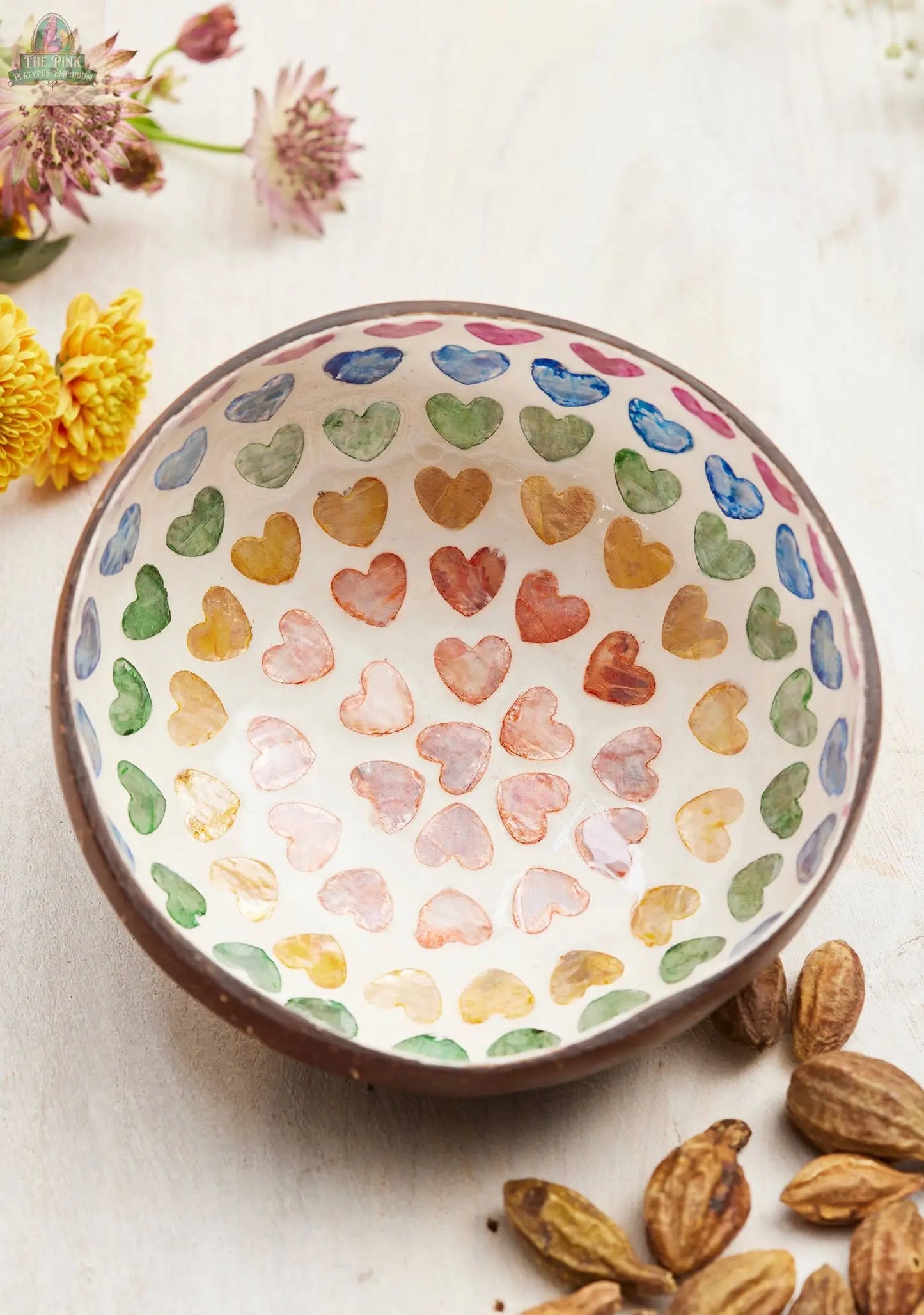 Coconut Bowl, Shell Rainbow Heart Namaste