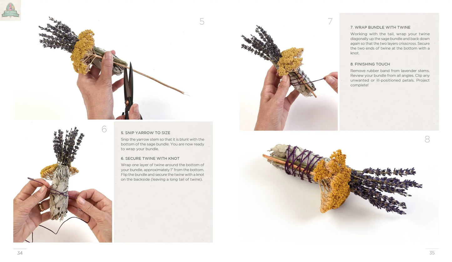 REDFeather’s Creating Smudge Sticks Book features a four-step photo guide to making lavender and yellow flower bundles—measuring, trimming, tying, and knotting—for beautiful smudging tools and spiritual rituals.