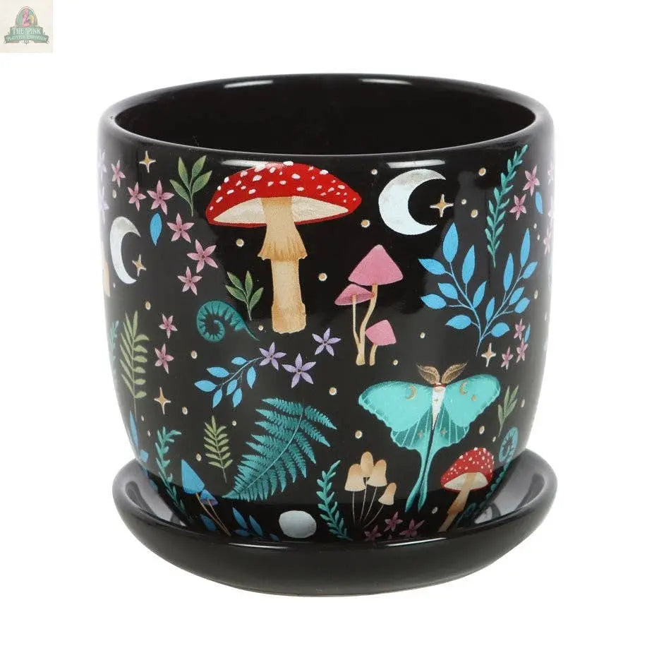 Dark Forest Print Ceramic Plant Pot with Saucer Pink Platypus Emporium