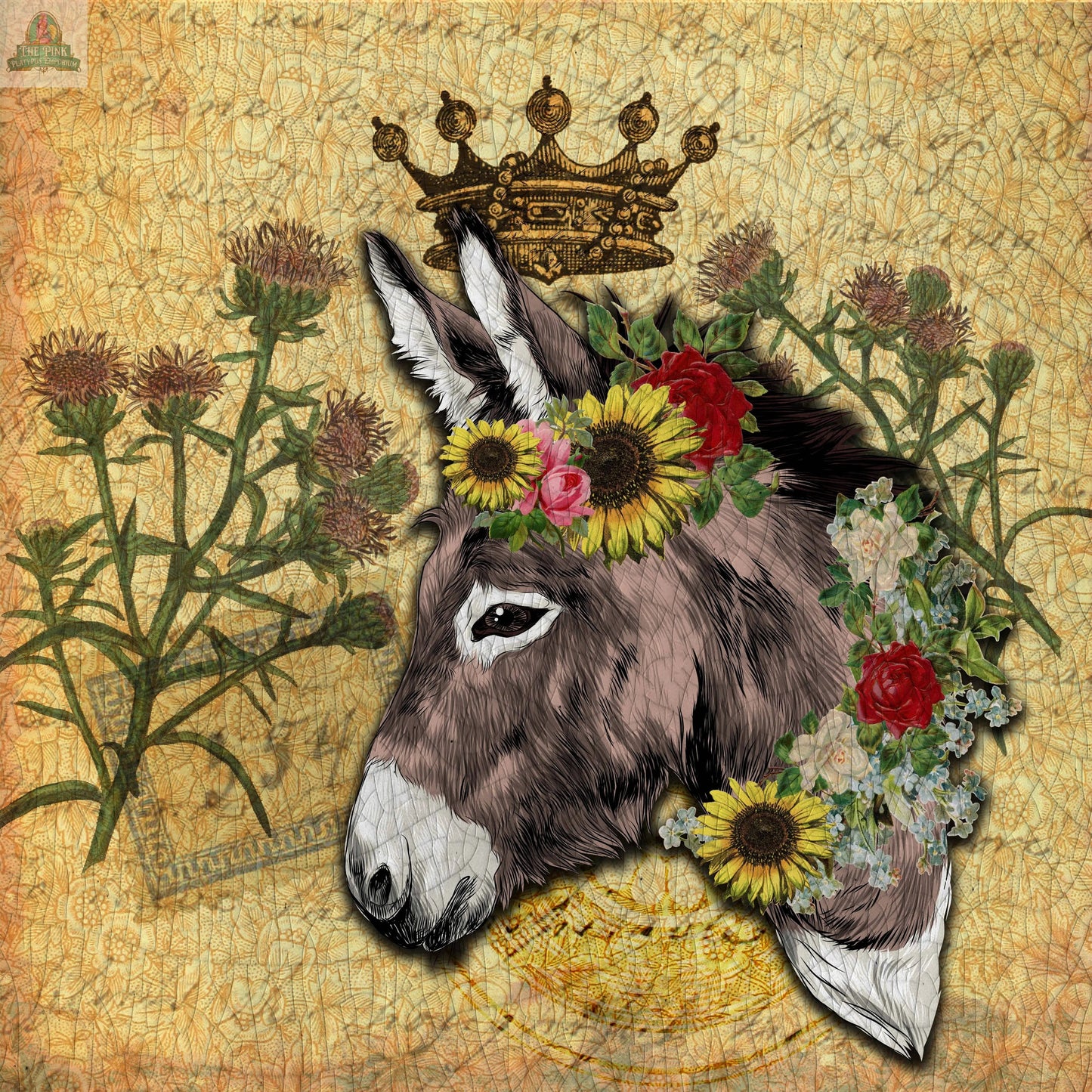 The "Donkey Crown" 12" round glass cutting board features a detailed donkey’s head with sunflowers, roses, and floral garlands, set against a vintage crown and thistles on a richly textured yellow background. Handmade in Texas.