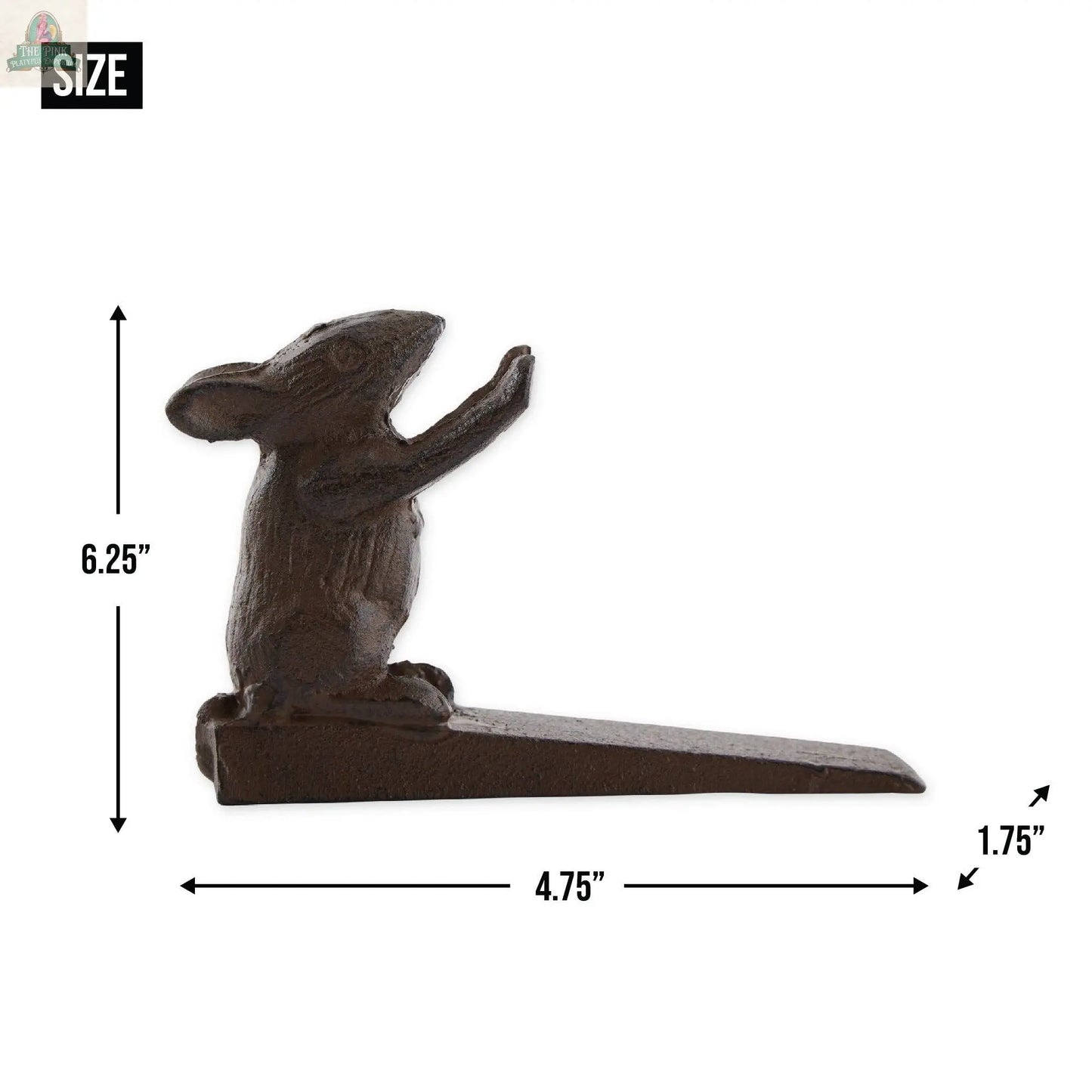 The Door Mouse Door Stopper by Pink Platypus Emporium features a mouse sitting upright with raised paws. Measuring 6.25" tall, 4.75" long, and 1.75" wide, this charming cast iron piece adds style to any room.