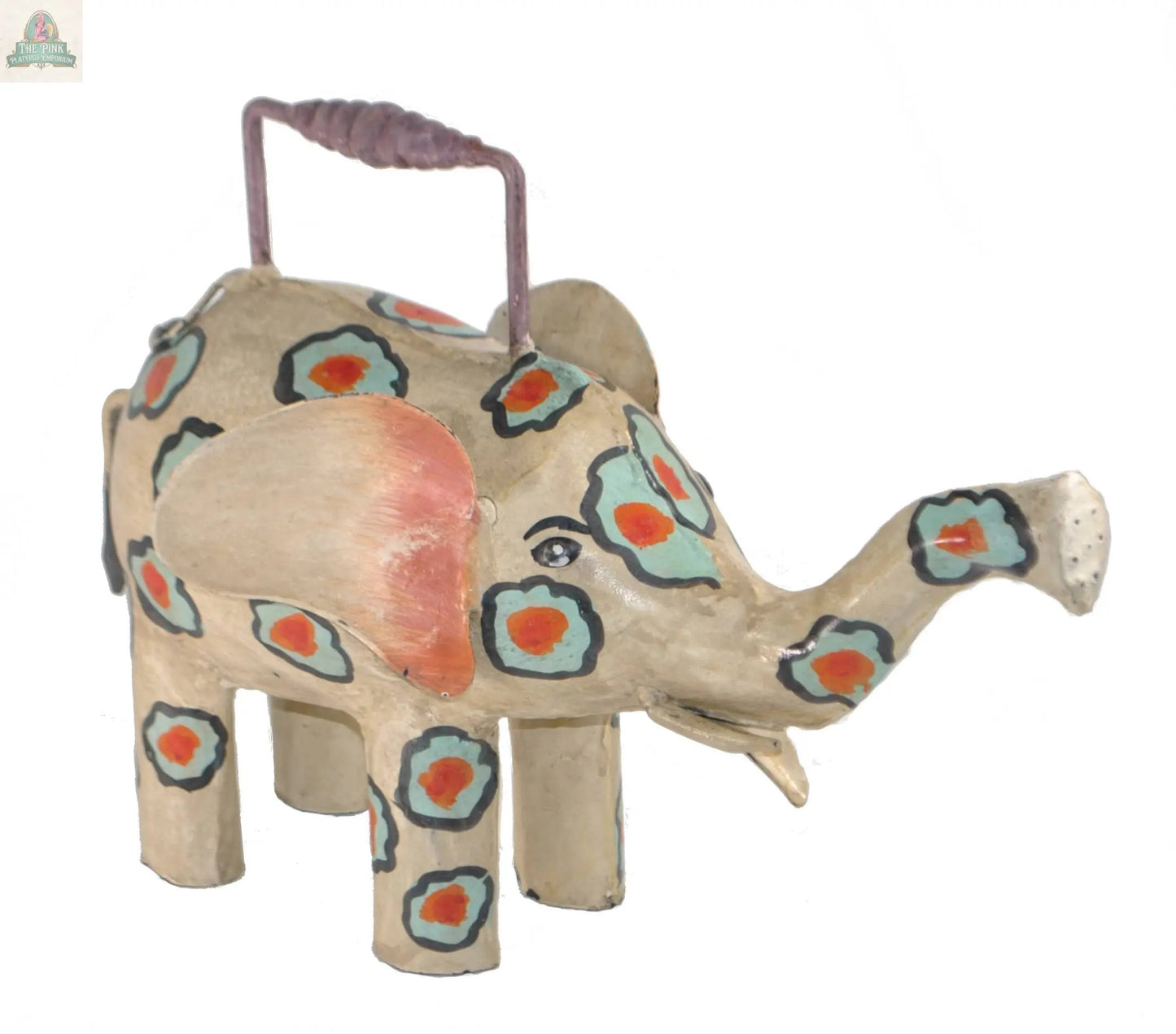 Add a whimsical touch to your garden with this handmade, painted 14" metal Elephant Watering Can—featuring a curved trunk spout and large ears, it's both functional and a charming rustic accent.