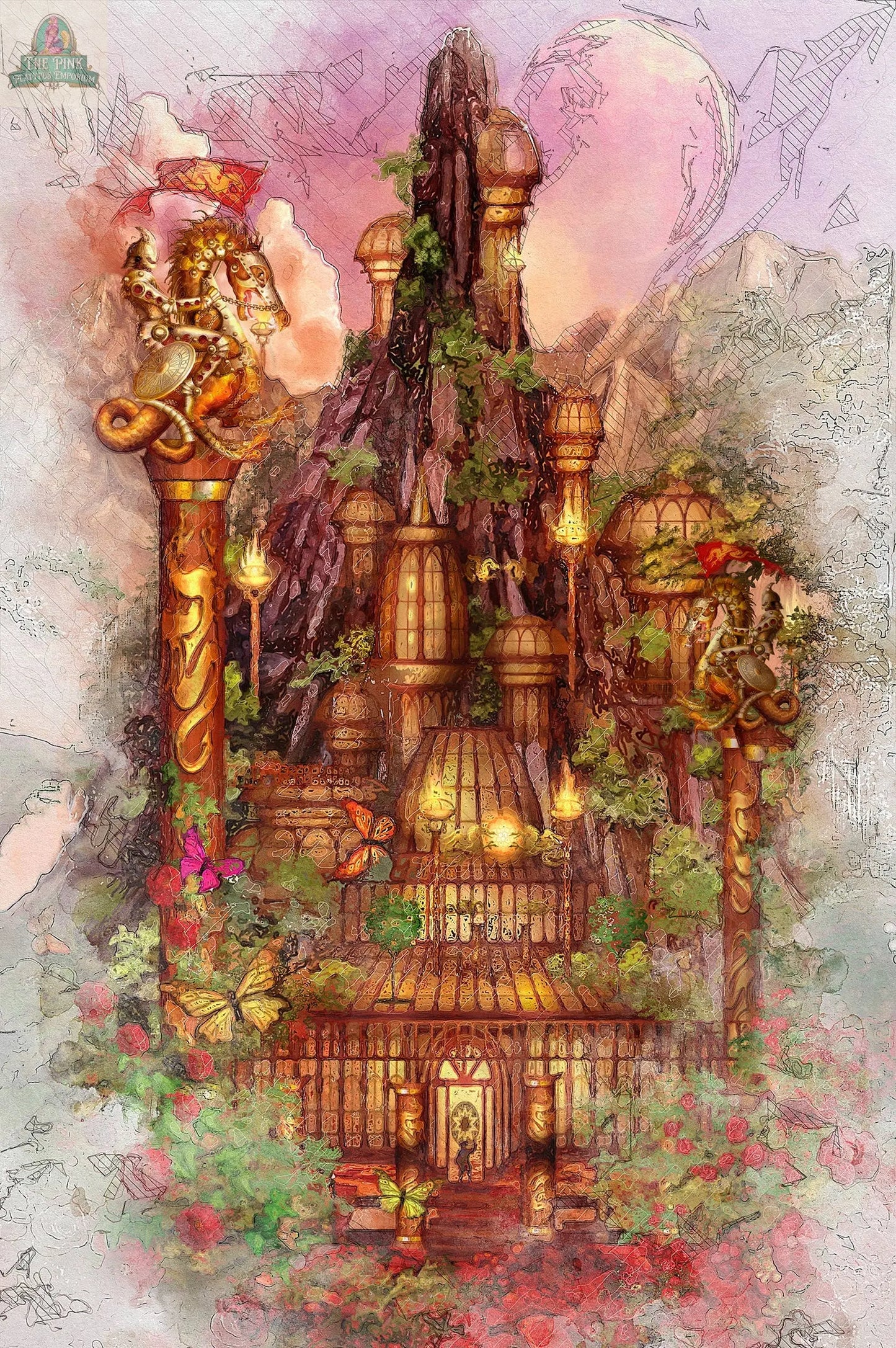 Enchanting Creativity by Pink Platypus Emporium features a fantasy palace with golden towers, lush greenery, glowing lanterns, and winged creature statues amid vibrant flowers—evoking fairy tale wonder and inspiring imagination.