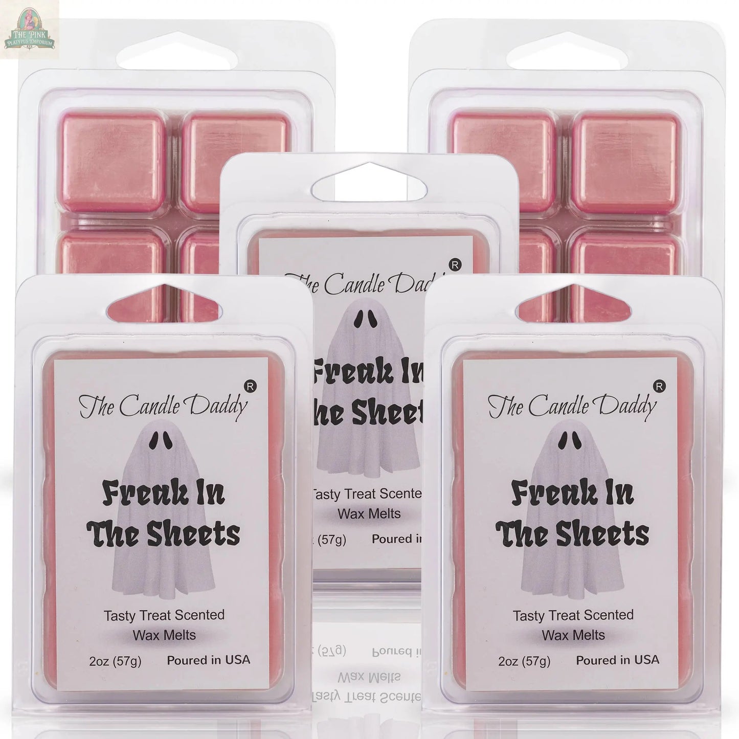 Five packs of pink wax melts labeled "FUNNY FALL HALLOWEEN - FREAK IN THE SHEETS - TREAT WAX MELT" with an illustrated ghost in sunglasses are displayed—ideal for adding a playful touch to your aromatherapy sessions.