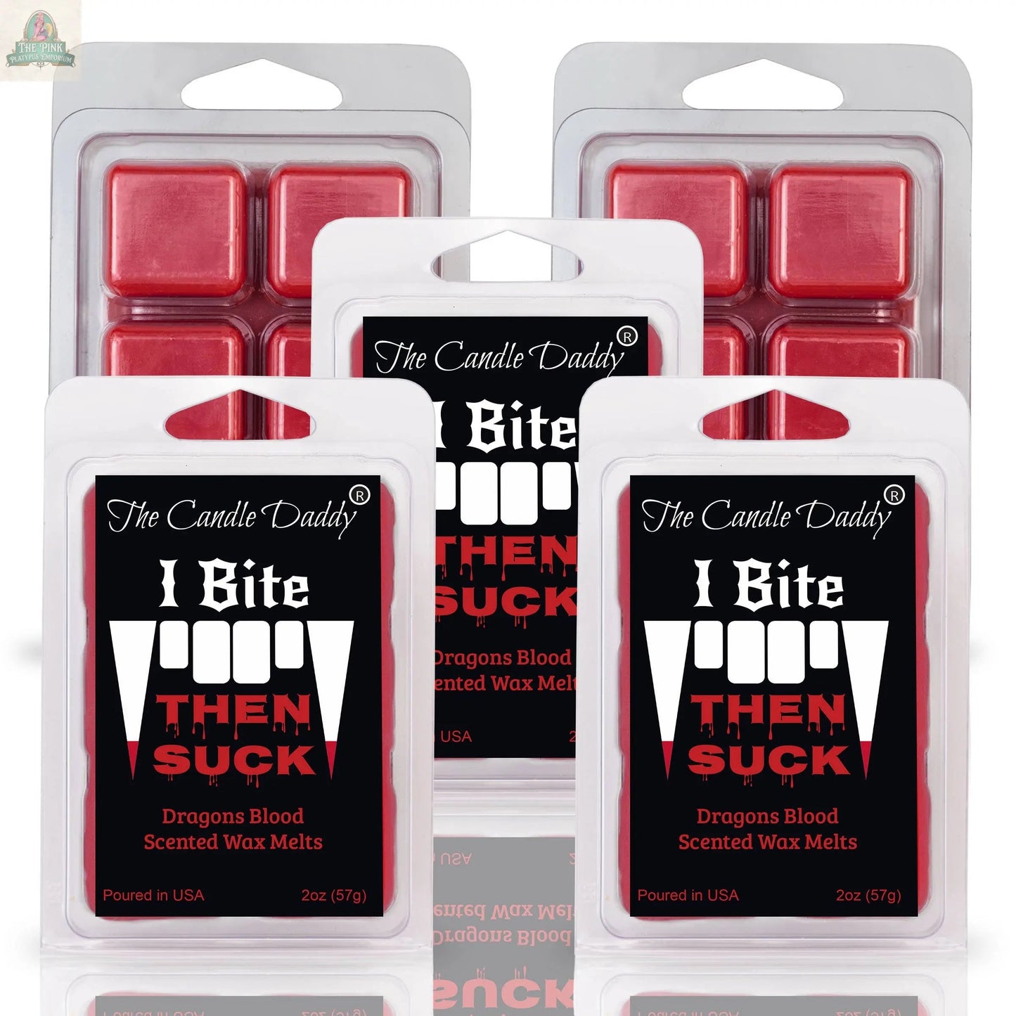 Five packs of FUNNY FALL HALLOWEEN-I BITE, THEN SUCK-DRAGONS BLOOD WAX MELT—each with four red cubes in vampire fang–themed black and red packaging. Perfect for aromatherapy or as a Halloween wax melt.