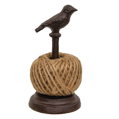 Decorative Rustic Bird Twine Holder with a bird perched on top of a ball of twine on a white background