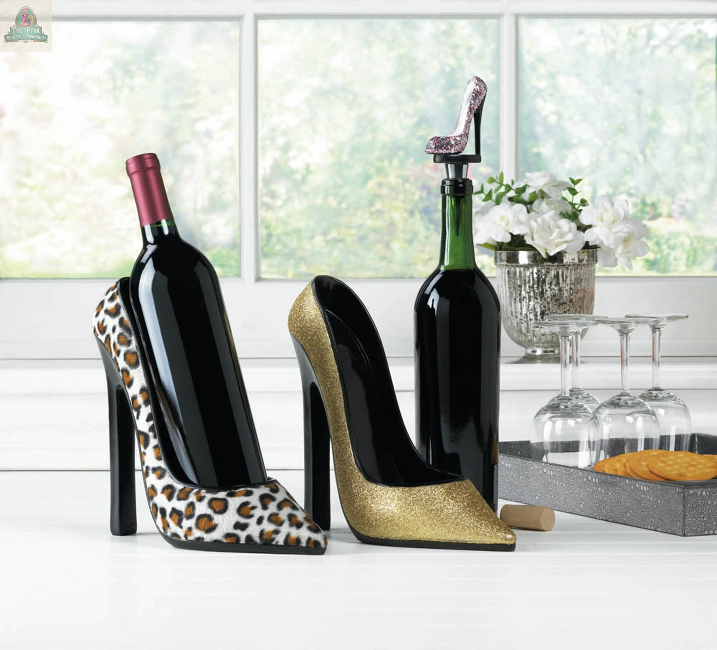 A Glitter Shoe Wine Bottle Stopper from Pink Platypus Emporium adds sparkle and style to your wine bottle.