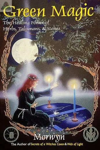 The cover of Green Magic: The Healing Power of Herbs, Talismans, & Stones by pink platypus emporium depicts a red-haired woman in a dark cloak performing a candlelit ritual with herbs under a full moon, trees silhouetted behind her.