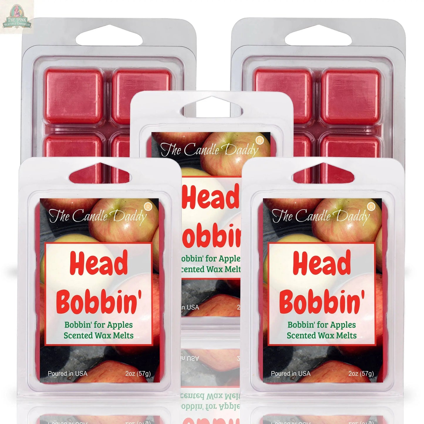 Five packs of HEAD BOBBIN' - BOBBIN' FOR APPLES SCENTED WAX MELT, each 2oz (57g) with red wax cubes and apple-themed labels, perfect for aromatherapy or filling your home with a fresh apple fragrance.