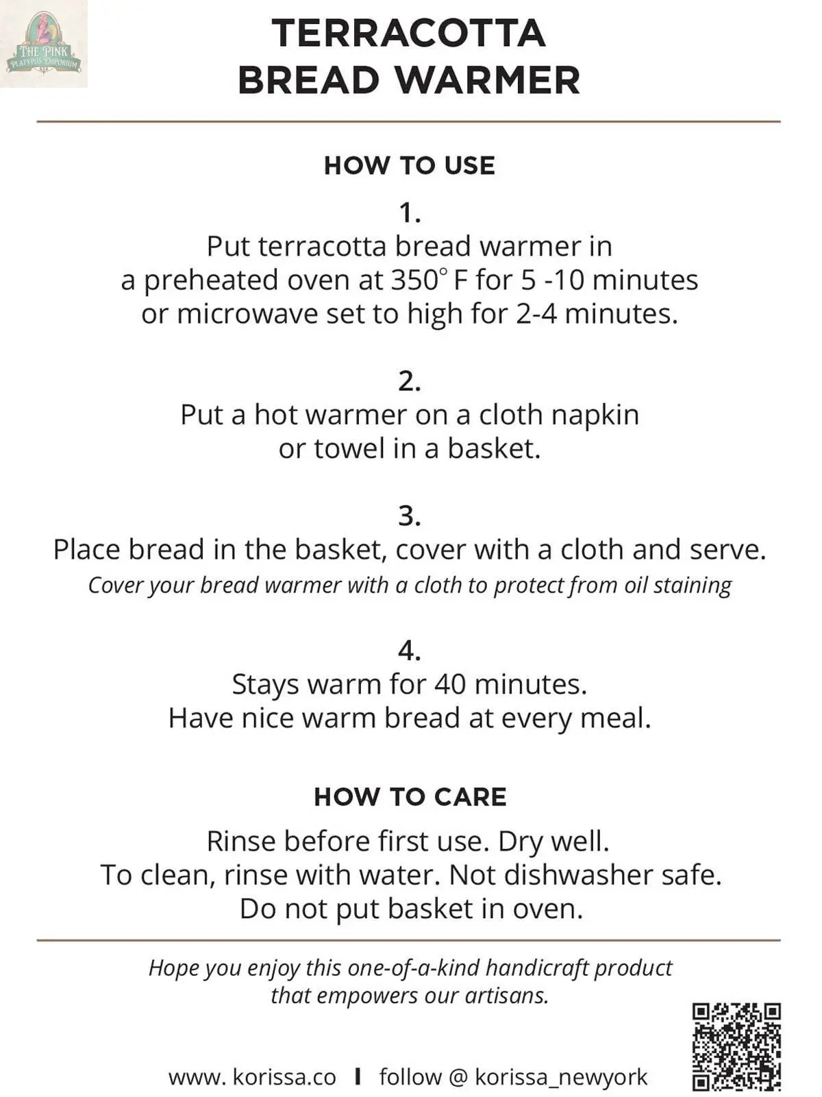 Instruction sheet for the Handmade Bread Warmer & Wicker Basket - Flower by KORISSA, with usage and care for the terracotta stone (oven/microwave heating, washing), basket placement, plus brand and social media info.