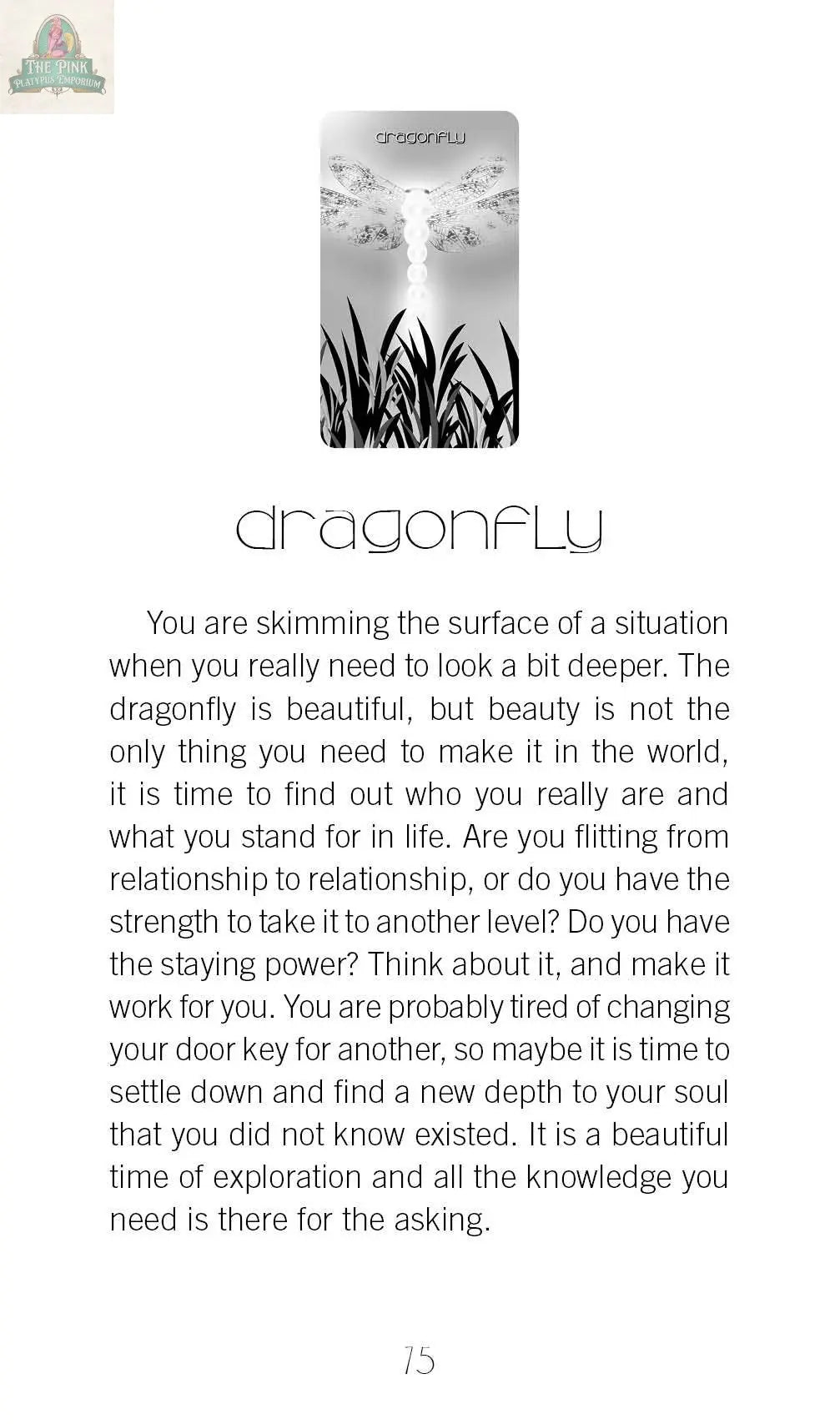 Page 15 features an abstract black-and-white dragonfly above stylized grass with text on its symbolism, inspiring chakra healing and self-reflection. From "Healing Light and Angel Cards: Working with Chakras" by REDFeather.