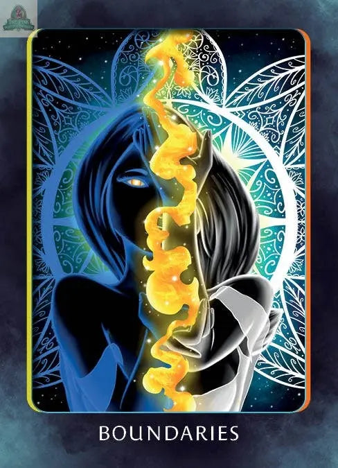 A stylized person split by light and shadow with a glowing yellow line appears over intricate mandala-like patterns, evoking spiritual oracle cards. "BOUNDARIES" is at the bottom. Higher Self Oracle by pink platypus emporium.