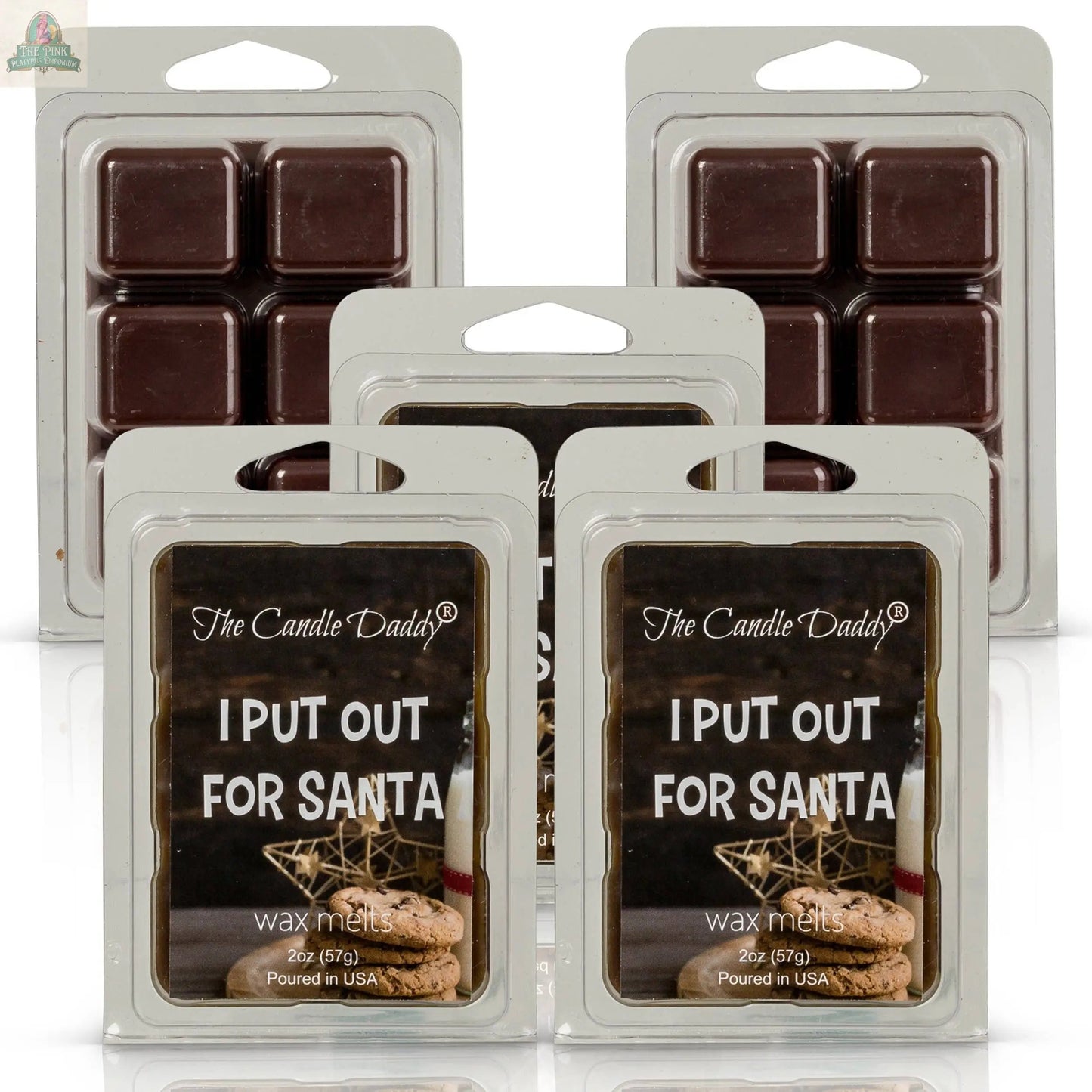 Five packs of The Candle Daddy "I Put Out For Santa - Funny Chocolate Chip Cookie Scented" wax melts are shown, each with four maximum-scented cubes. The label reads "I PUT OUT FOR SANTA" and features cookies and a decorative star.