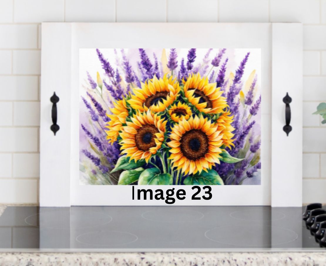 Sunflower and lavender wooden stove cover with bright yellow flowers and purple lavender, farmhouse floral noodle board for country kitchen decor.