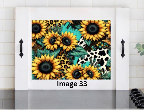 Sunflower cow print wooden stove cover with turquoise, leopard print and floral design, farmhouse noodle board for western country kitchen decor.