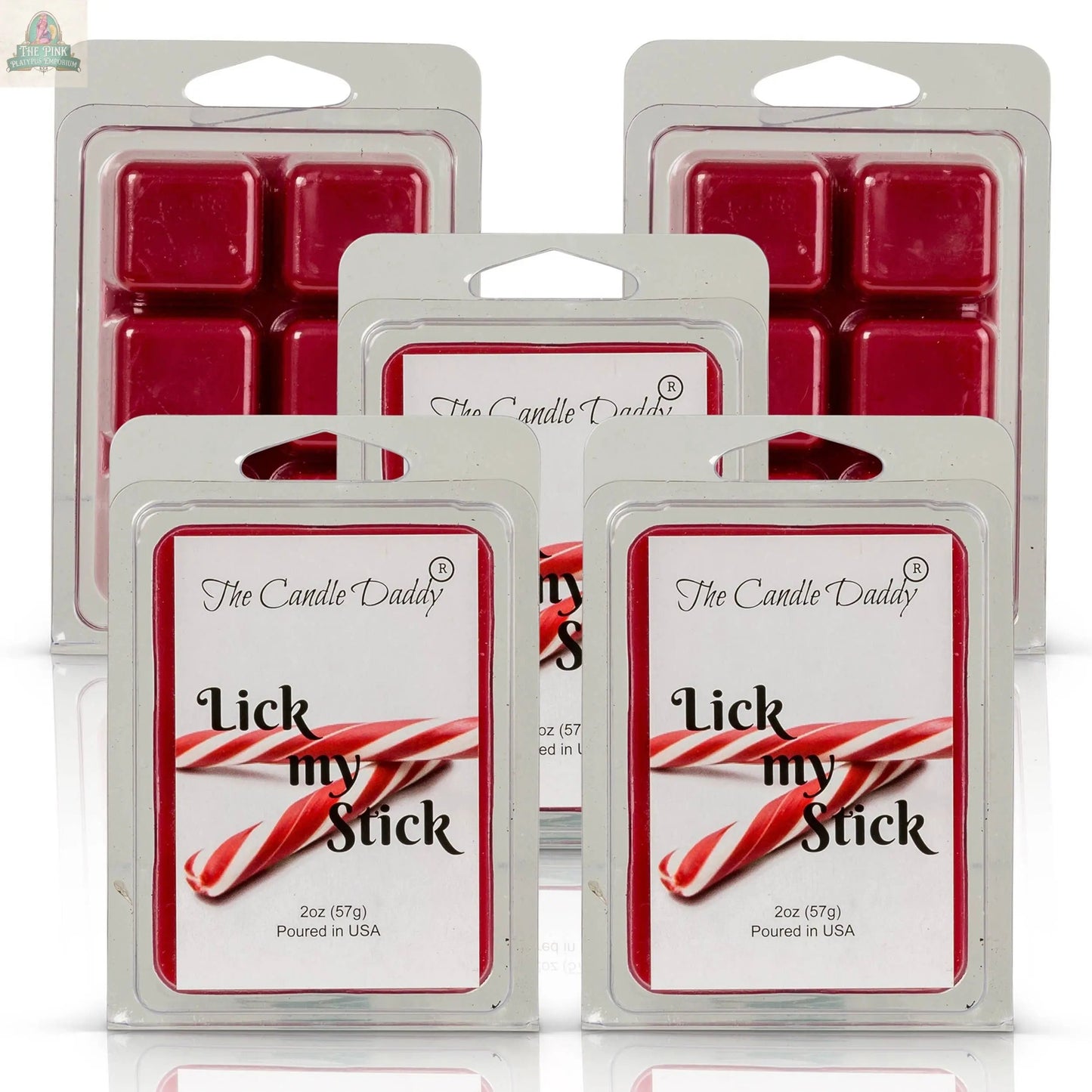 Five packs of Lick My Stick - Funny - Peppermint Christmas wax melts, each featuring a candy cane design, are arranged in two rows on a white background, showcasing these festive and fragrant scented wax melt cubes.