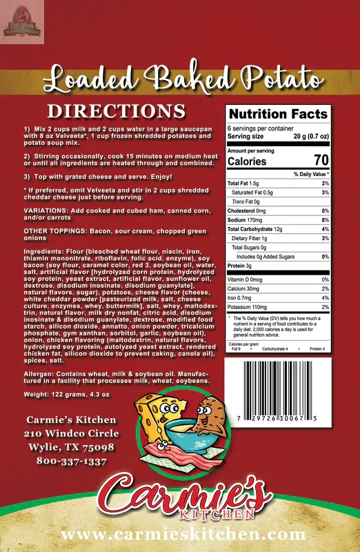 Back of Carmie’s Kitchen Loaded Baked Potato Soup Mix package with cooking directions, nutrition facts, ingredients, company contact info, and a cartoon potato chef highlighting this cheesy soup mix.