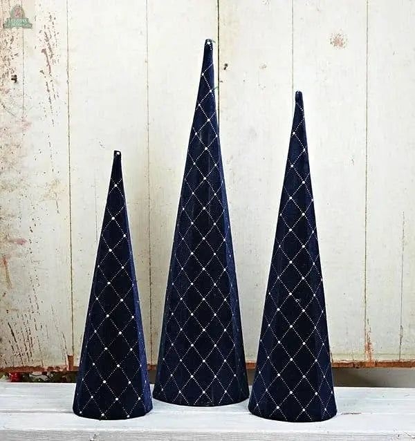 M10928ABC- Set/3 BLUE VELVET AND SILVER DIAMOND CONE TREES Holiday Depot Inc.