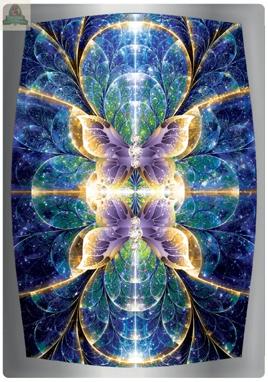 Vibrant digital art of a symmetrical, abstract butterfly with purple wings and glowing yellow highlights on a fractal blue, green, and gold background—ideal for Pink Platypus Emporium's Magical Dimensions Oracle Cards and Activators, 2nd Edition.