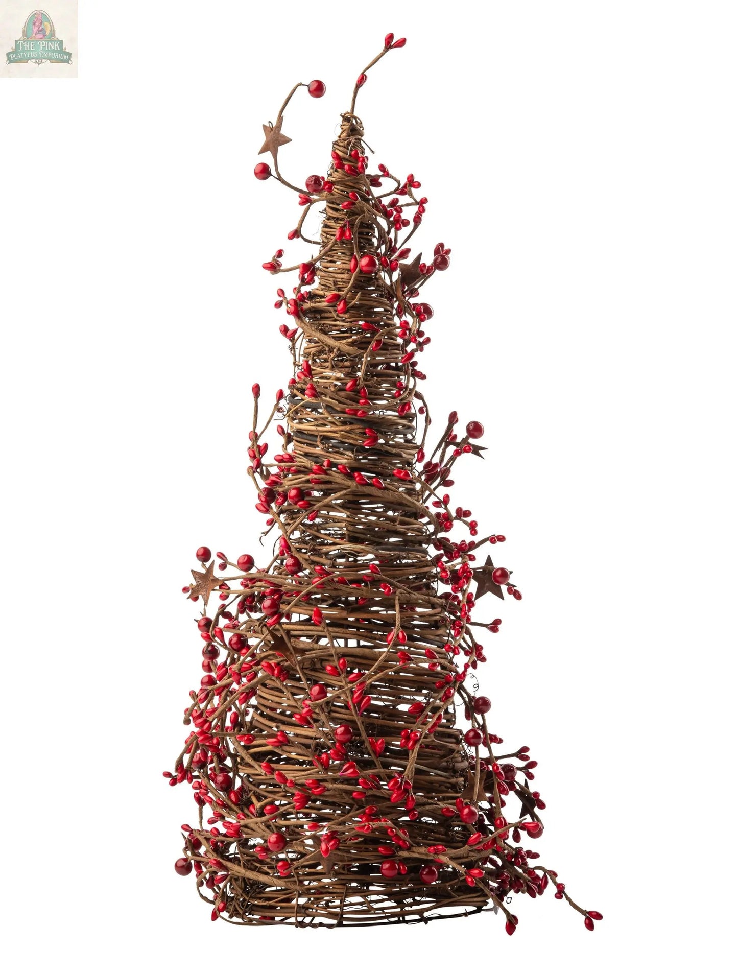 Add festive charm with the Mixed Berry Cone Tree With Rust Stars, 17"H x 5.25" base. Woven brown twigs, red berries, and rust stars make it a standout seasonal centerpiece for any white background.