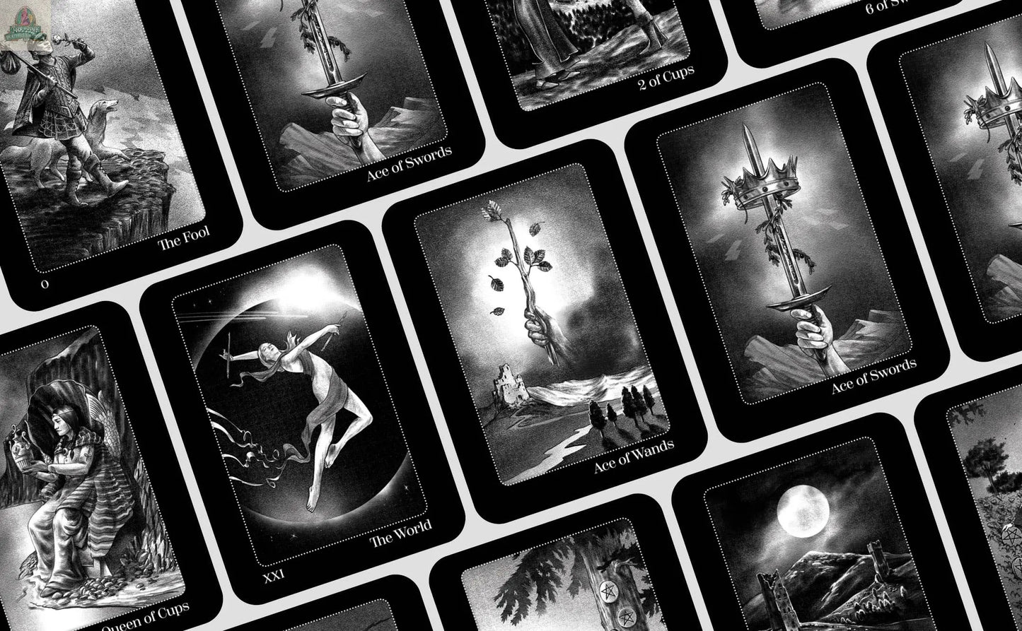 A spread of Nightfall Tarot cards by pink platypus emporium displays The Fool, The World, Ace of Swords, Queen of Cups, and 2 of Cups, each with detailed black and white mystical illustrations.