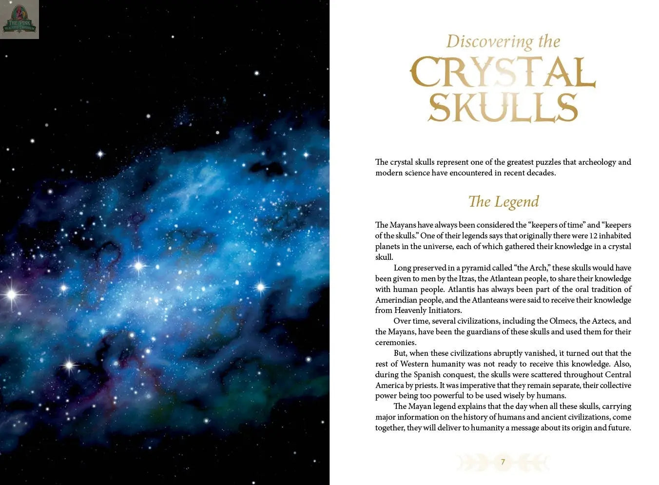 The Oracle of the Crystal Skulls by REDFeather features a page titled "Discovering the Crystal Skulls" with blue and purple galaxy art. The section "The Legend" explores Mayan beliefs about crystal skulls and their mysterious ancient roles.