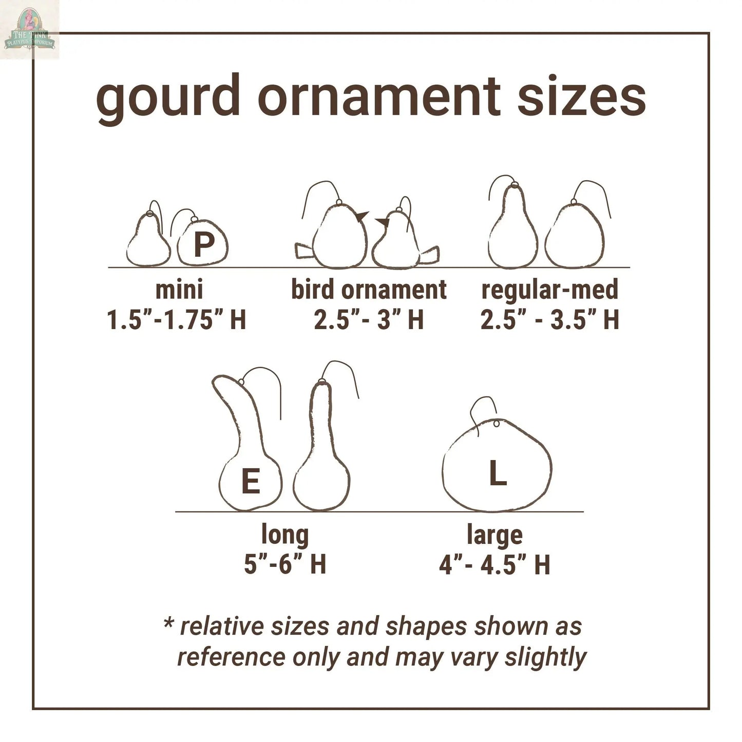 A chart for Pink Platypus Emporium’s "Owls Mix - Gourd Ornament - Artist Made" shows eco-friendly sizes: mini (1.5-1.75"), bird (2.5-3"), regular-med (2.5-3.5"), long (5-6"), and large (4-4.5"); sketches of hand-carved owl ornaments included.
